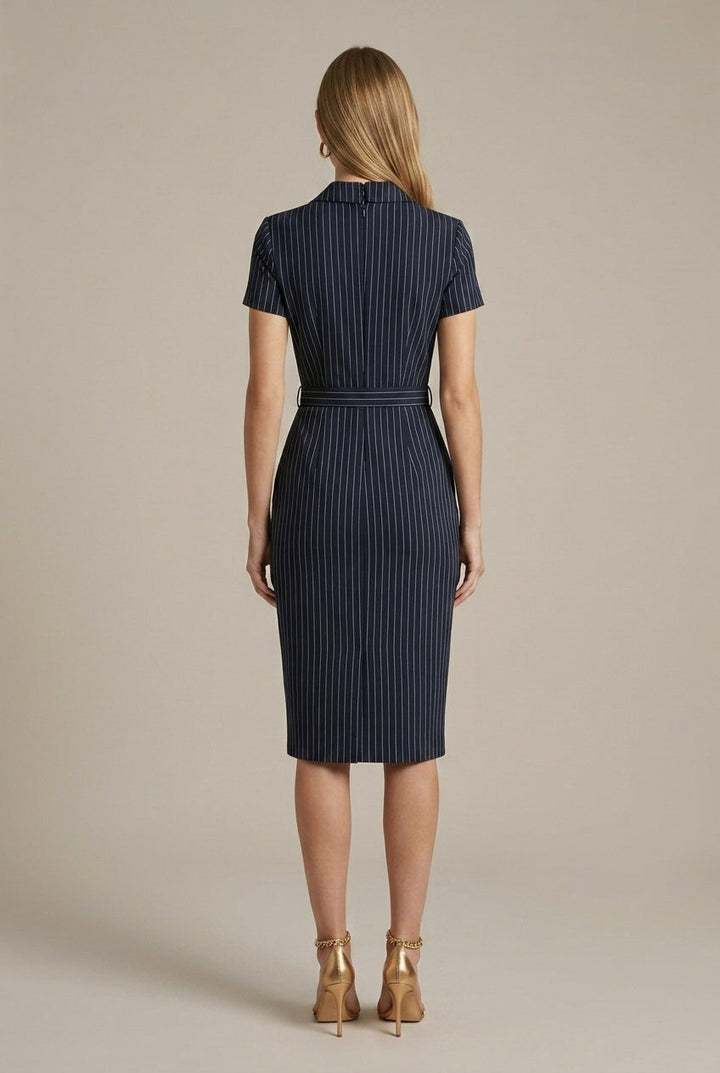 Gestreiftes Damenkleid mit Bleistiftform – V-Ausschnitt und Gürtel