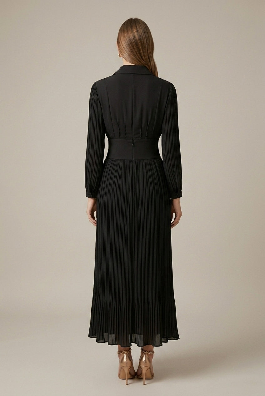 Women's Long Pleated Dress with V-Neck – Long Sleeves and Buttoned Belt