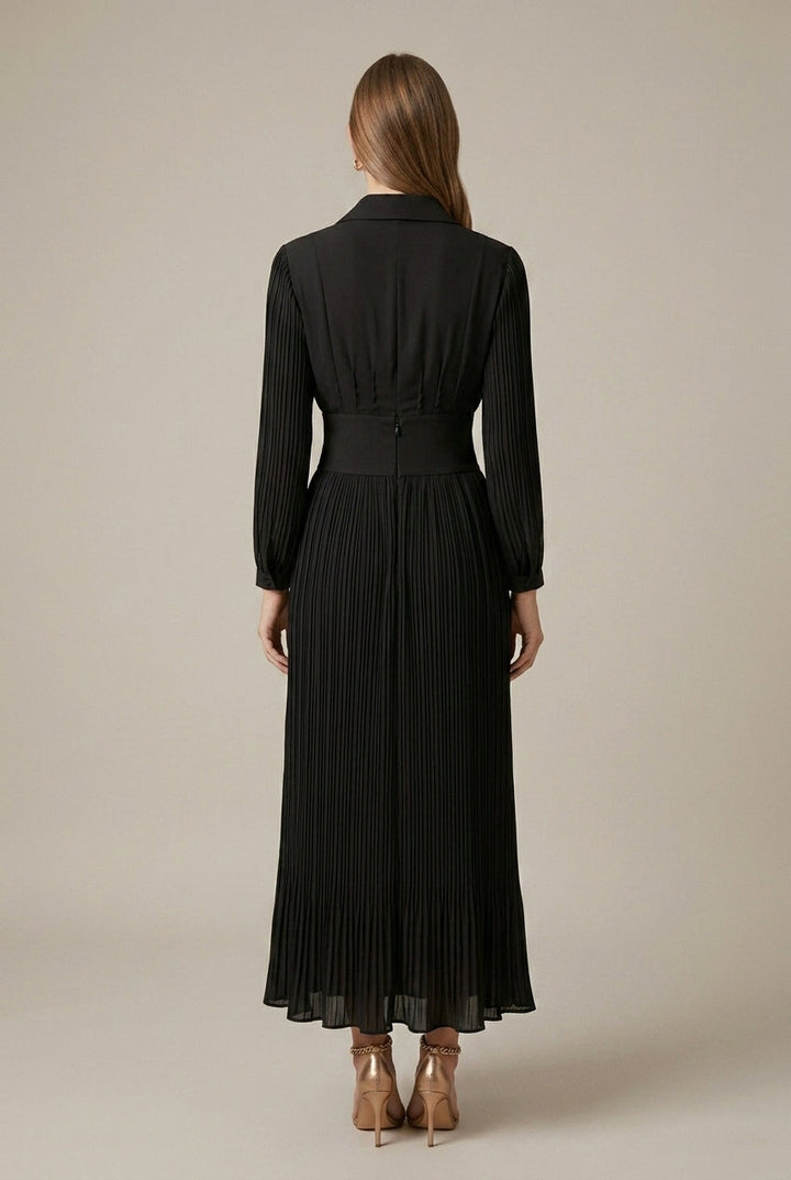 Women's Long Pleated Dress with V-Neck – Long Sleeves and Buttoned Belt