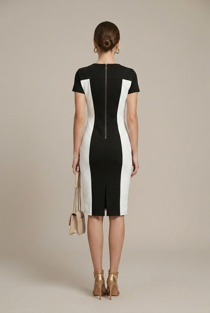 Vestito midi da donna in cotone – Collo tondo a blocchi di colore aderente