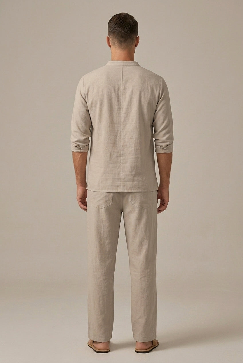 Completo Due Pezzi Uomo Cotone Lino – Collo a V con Lacci & Pantaloni