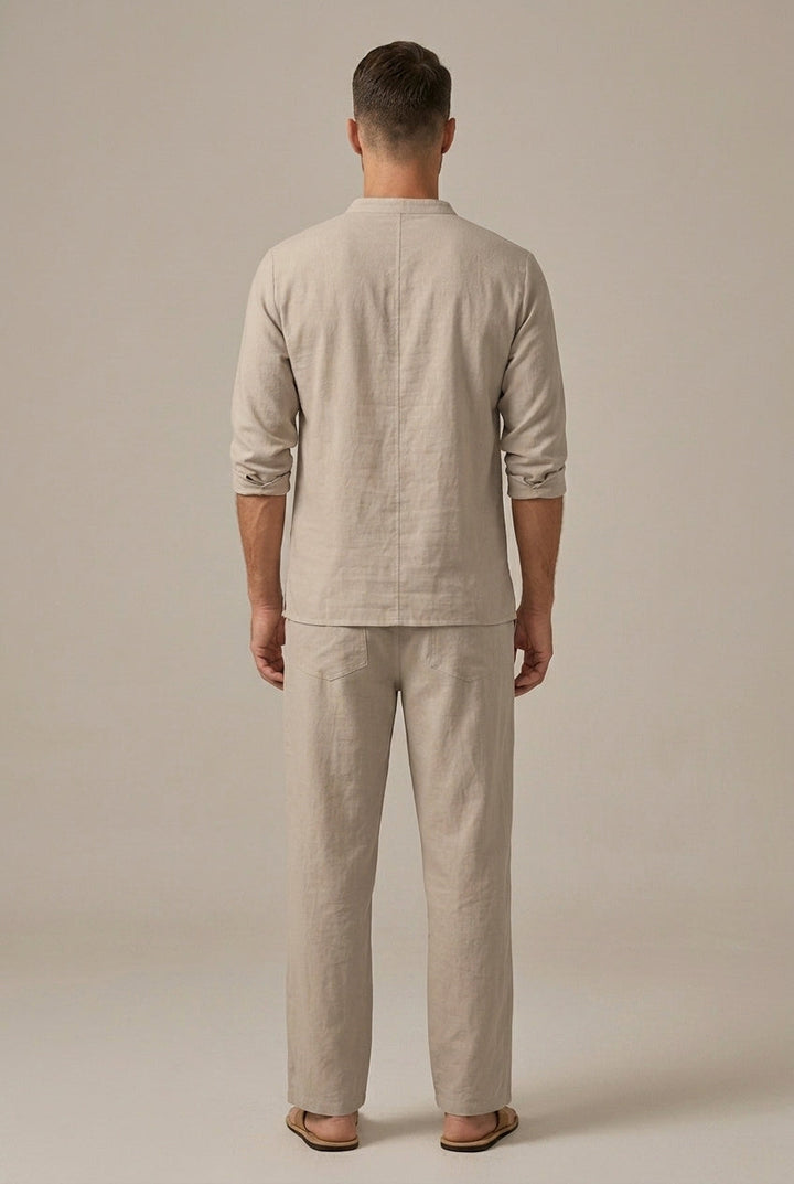 Completo Due Pezzi Uomo Cotone Lino – Collo a V con Lacci & Pantaloni