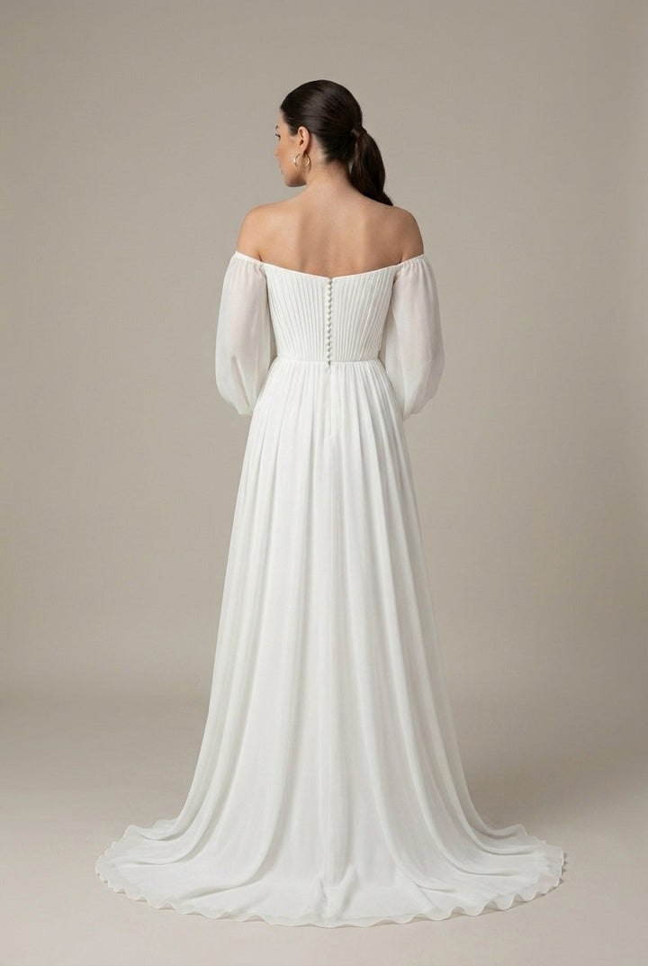 Damen Maxikleid mit freiliegenden Schultern aus Musselin – Faltenwurf, Puffärmel