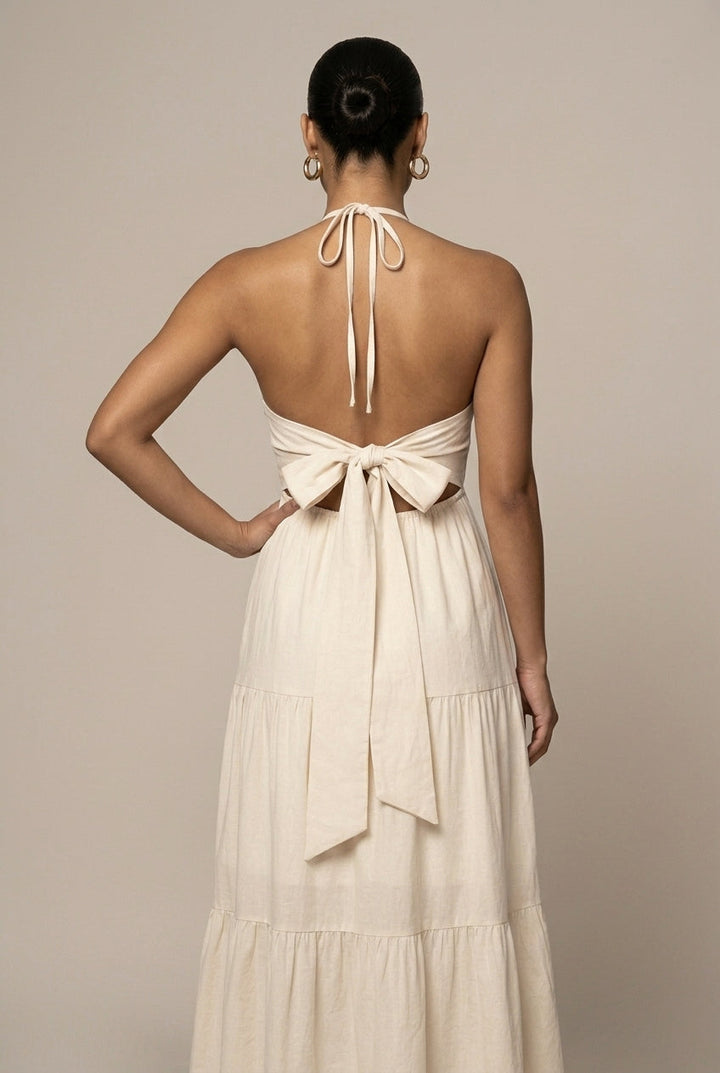 Abito maxi da donna con collo halter – Volant a strati schiena aperta
