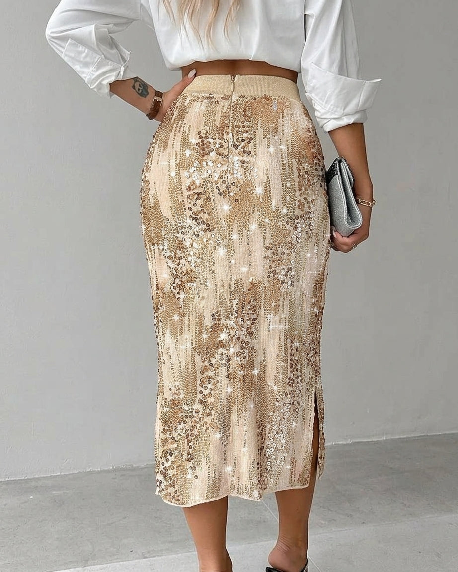 Gonna a matita midi da donna a vita alta con paillettes – Spacco laterale