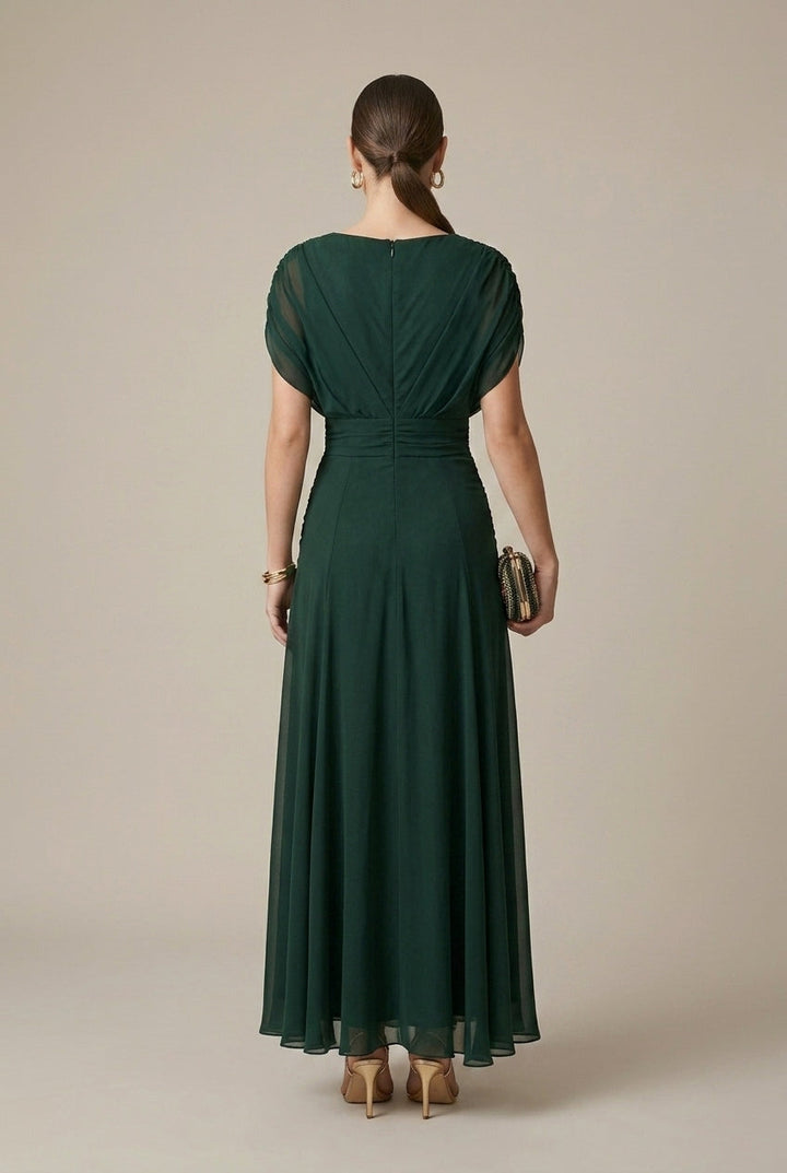 Women's Long Dress V-Neck – Wrap with Short Sleeves and Sheer Details