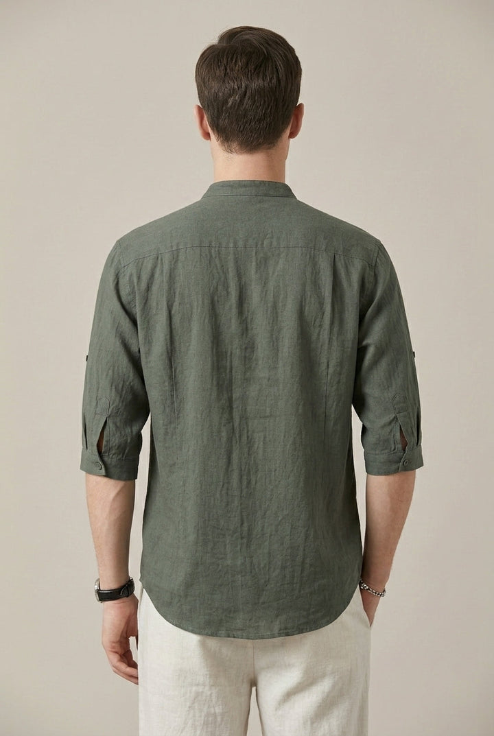 Chemise Homme Col Mao Tissée – Manches Trois-Quarts Coupe Décontractée