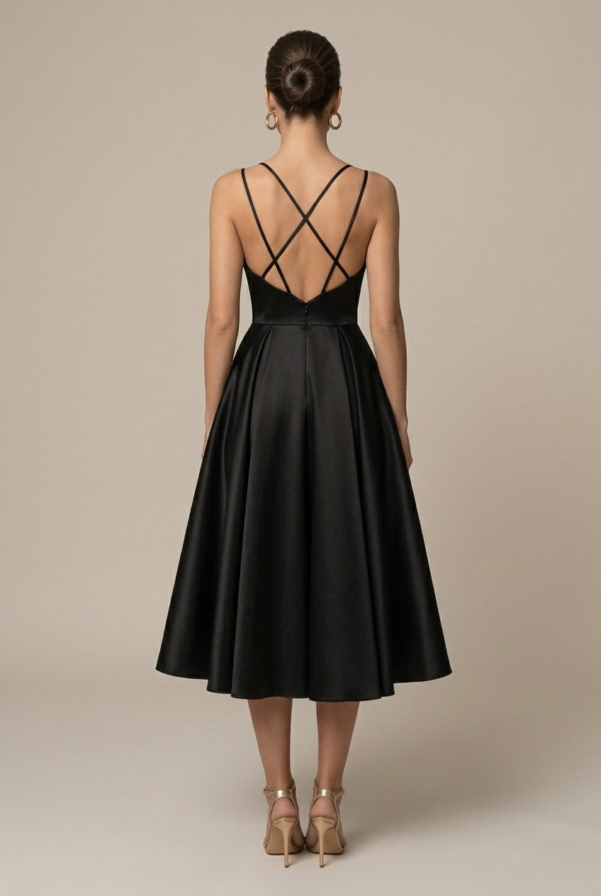 Midikleid für Damen A-Linie – V-Ausschnitt mit doppelten Trägern, ausgestellter Rock