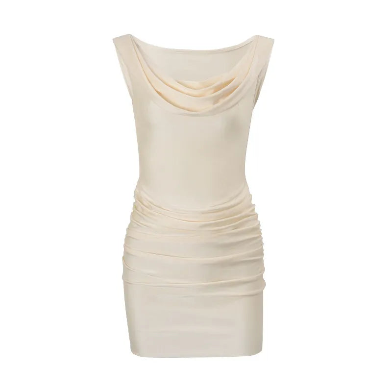 Mini-Kleid für Damen, figurbetont – Wasserfallausschnitt, schulterfrei, Satin-Effekt