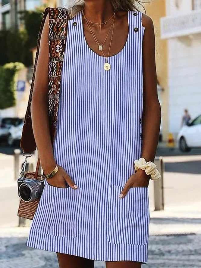 Vestito casual da donna a righe – collo rotondo e dettagli con bottoni