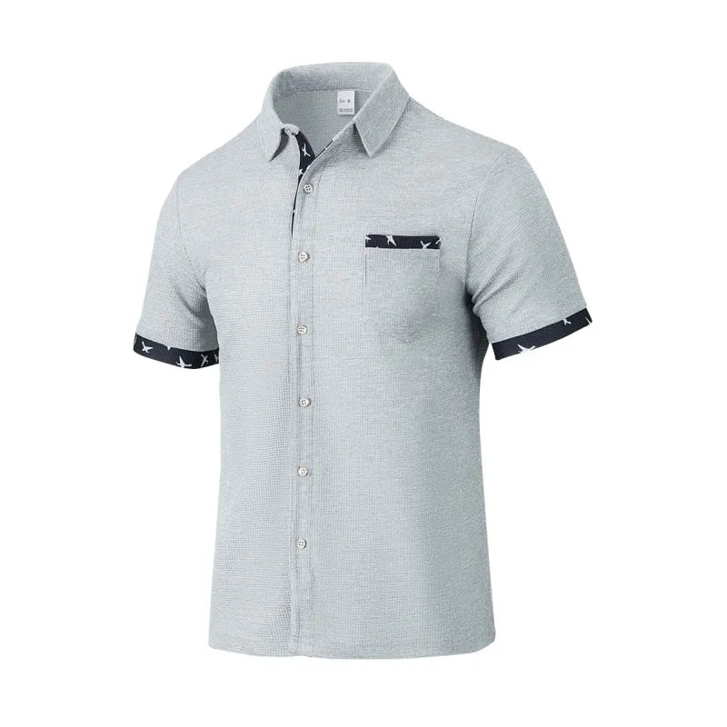 Chemise Homme en Tissu Tissé – Col Classique, Boutons et Liserés Contrastants