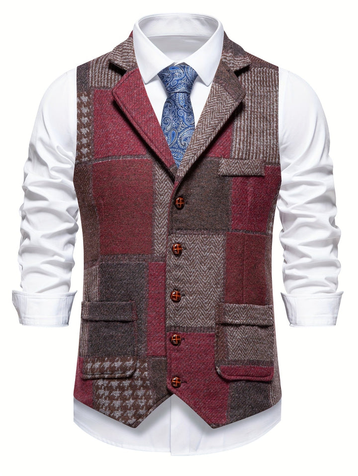 Herren Weste im Patchwork-Chevron-Stil aus Tweed – Kerbkragen und Knopfverschluss