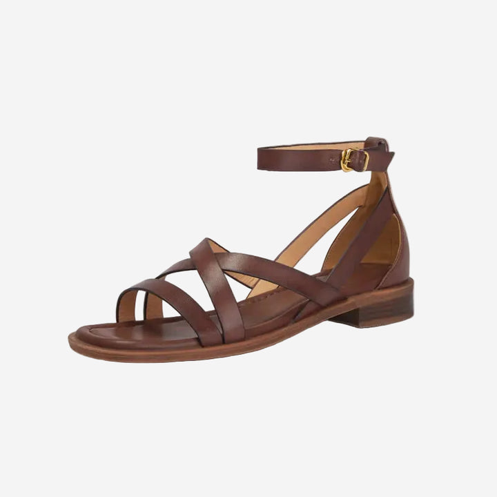 Flache Damensandalen – Gekreuzte Riemen und Knöchelriemen mit Schnalle
