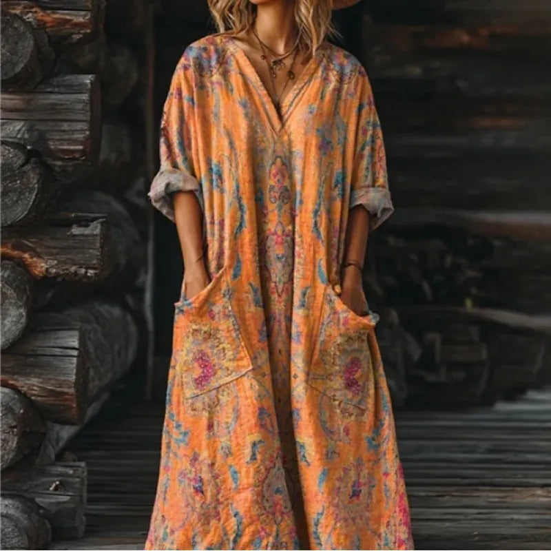 Vintage-Maxikleid für Damen mit Blumenmuster – lässiger V-Ausschnitt mit Taschen