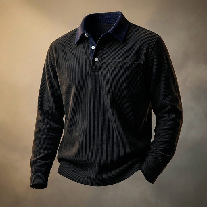 Herren-Poloshirt aus geripptem Samt mit langen Ärmeln – Smart-Casual Lässiger Schnitt