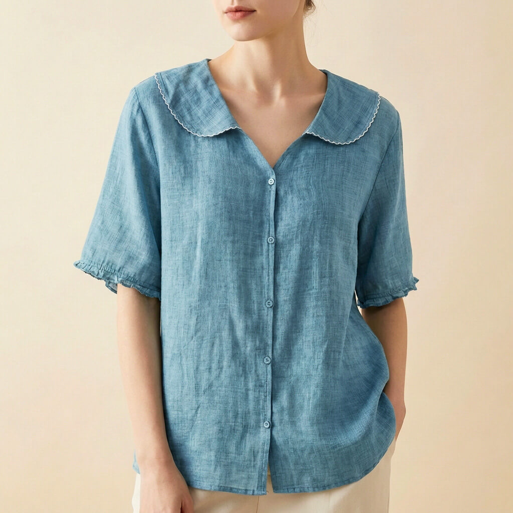 Leinen-Bluse mit Knöpfen für Damen – Peter-Pan-Kragen lockerer Schnitt