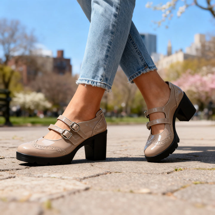 Escarpins Femme Mary Jane à Plateforme – Talons Bloc Double Bride Brogues