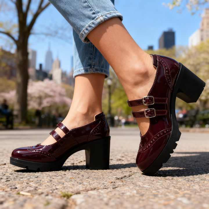 Escarpins Femme Mary Jane à Plateforme – Talons Bloc Double Bride Brogues