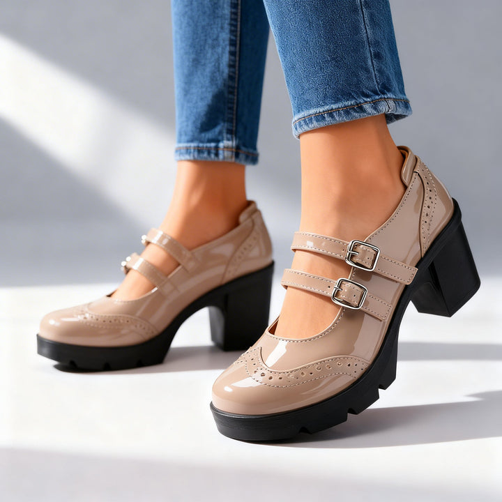 Escarpins Femme Mary Jane à Plateforme – Talons Bloc Double Bride Brogues