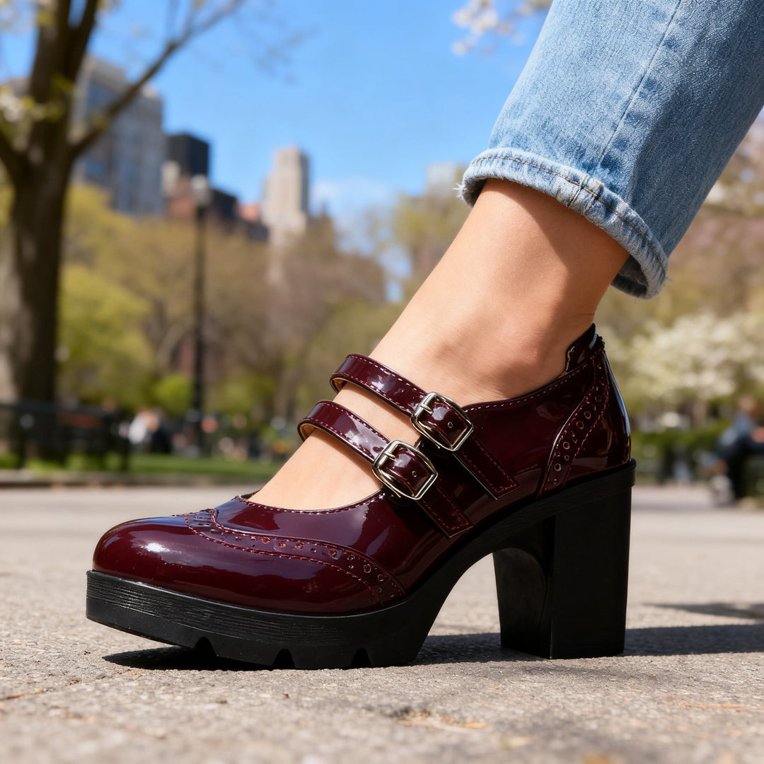 Escarpins Femme Mary Jane à Plateforme – Talons Bloc Double Bride Brogues