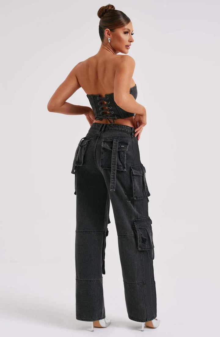 Ensemble Femme Corset & Jean Cargo Jambe Large – Denim Structuré Bleu Marine