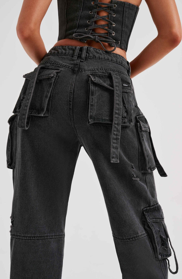Ensemble Femme Corset & Jean Cargo Jambe Large – Denim Structuré Bleu Marine