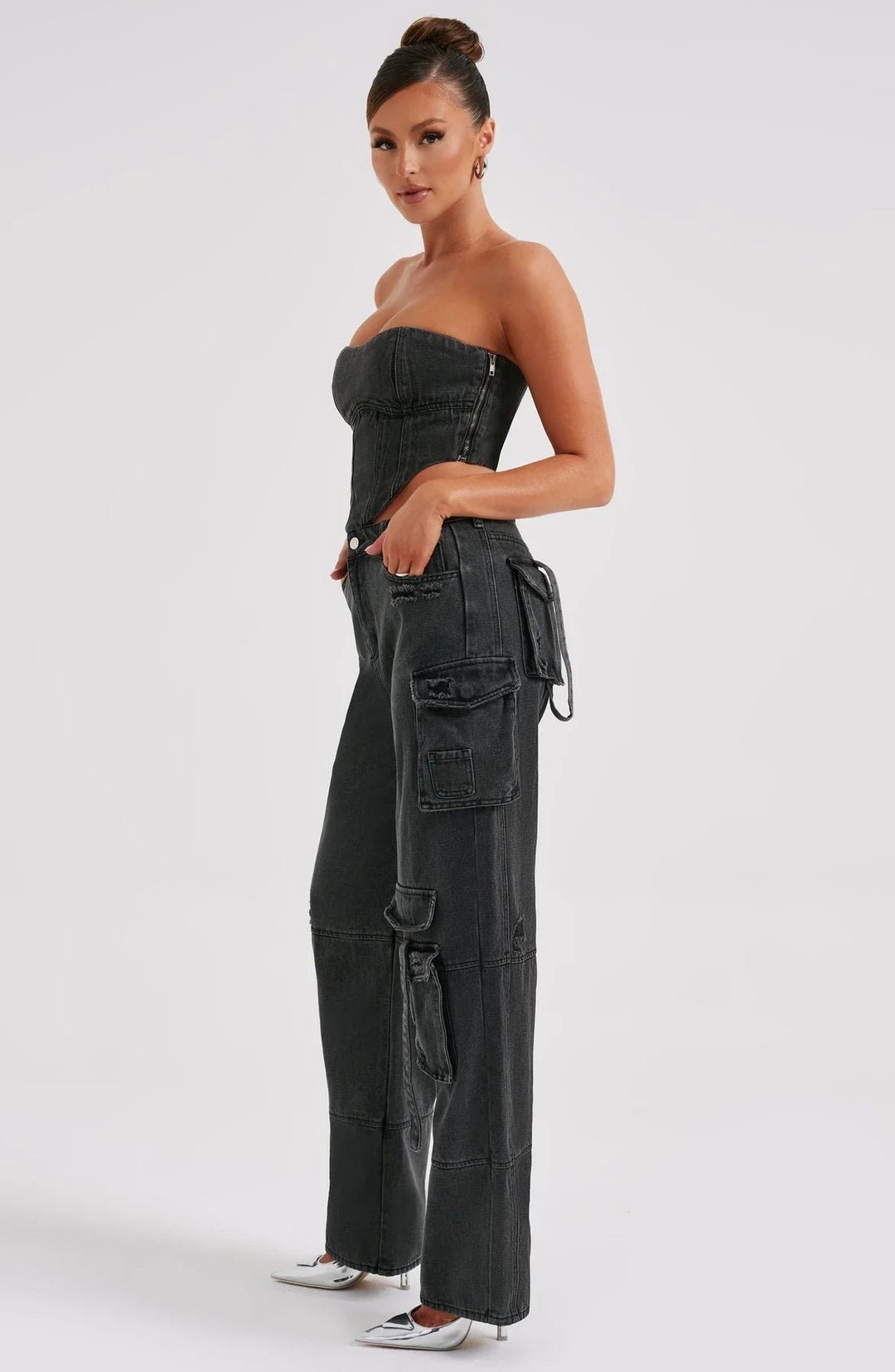 Ensemble Femme Corset & Jean Cargo Jambe Large – Denim Structuré Bleu Marine