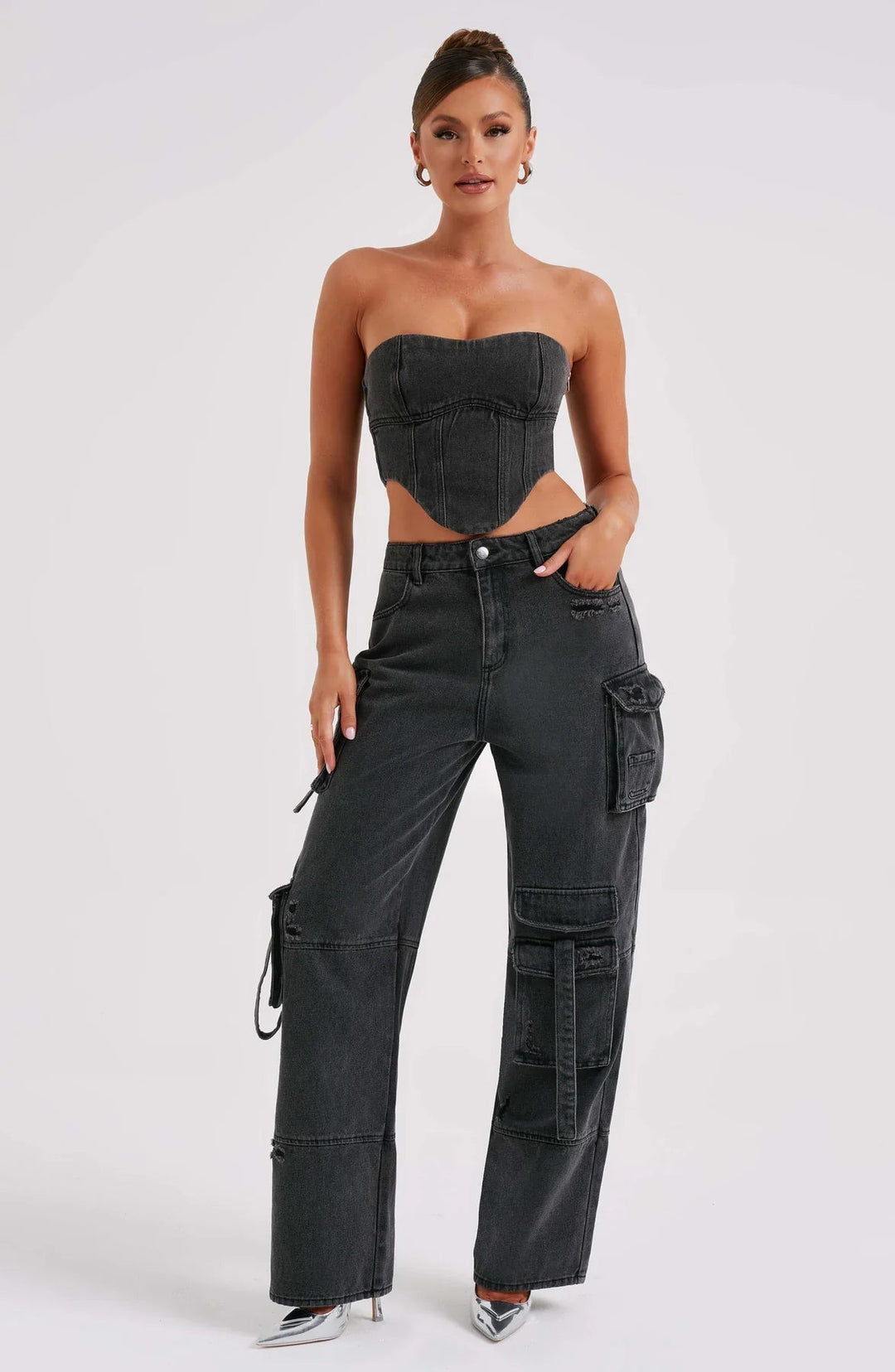 Ensemble Femme Corset & Jean Cargo Jambe Large – Denim Structuré Bleu Marine