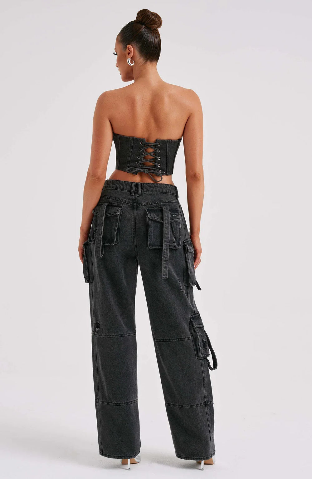 Ensemble Femme Corset & Jean Cargo Jambe Large – Denim Structuré Bleu Marine
