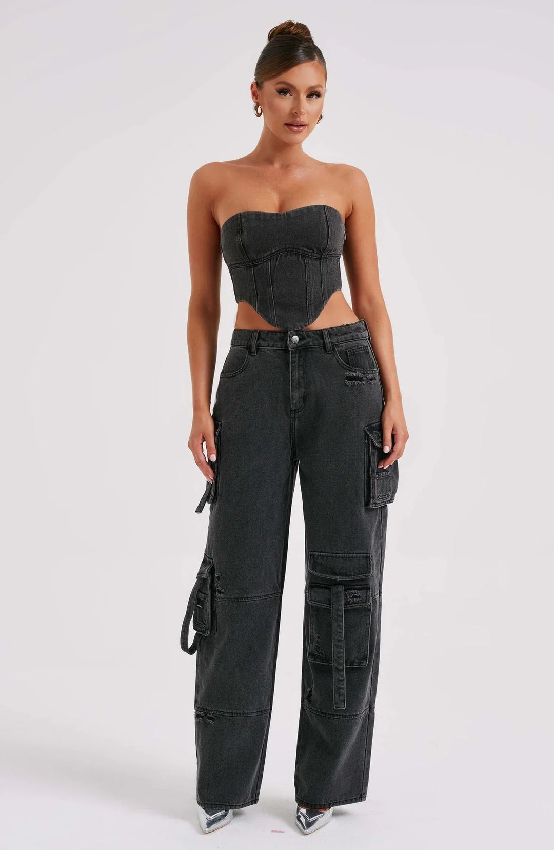 Ensemble Femme Corset & Jean Cargo Jambe Large – Denim Structuré Bleu Marine