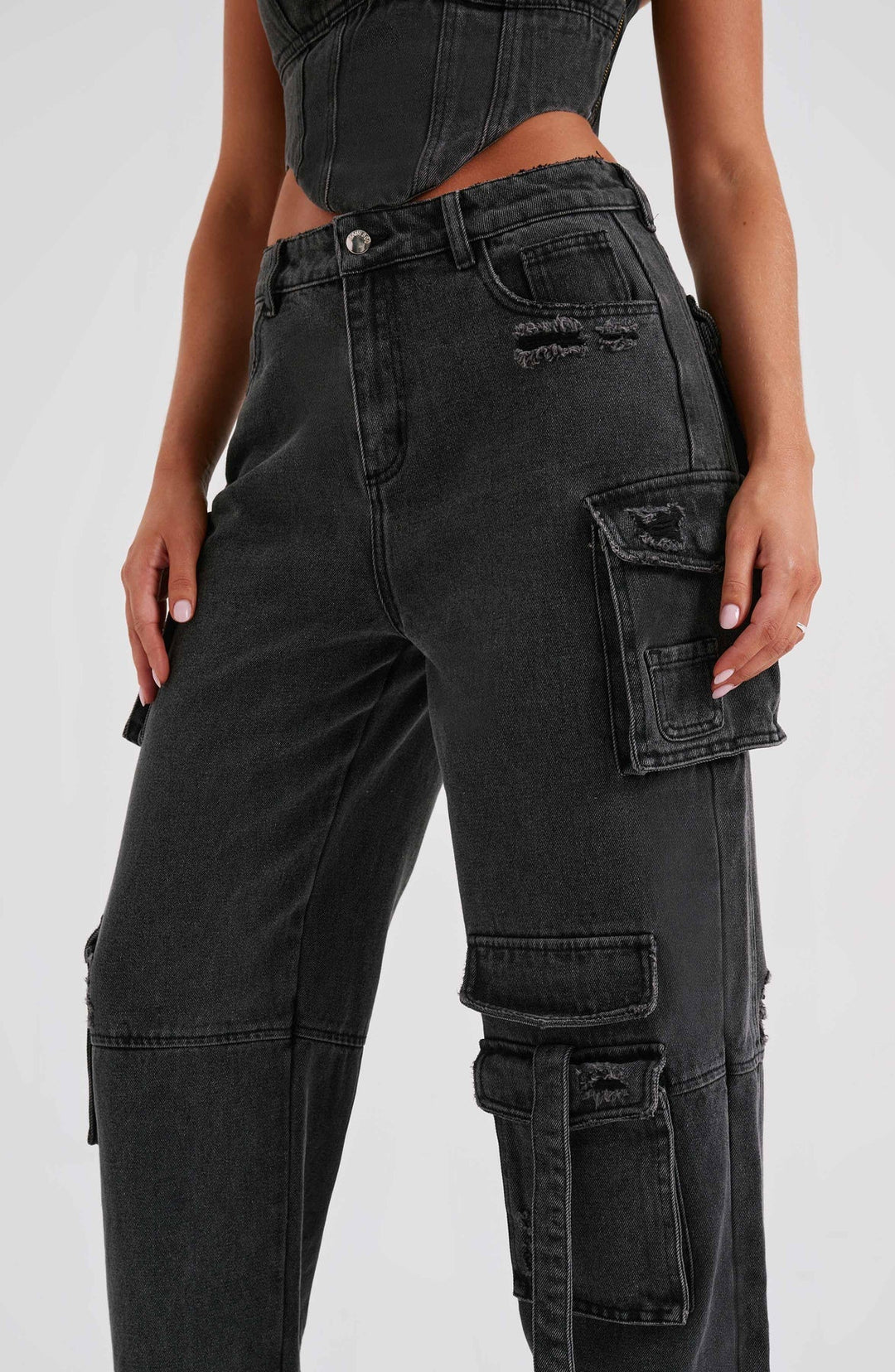 Ensemble Femme Corset & Jean Cargo Jambe Large – Denim Structuré Bleu Marine