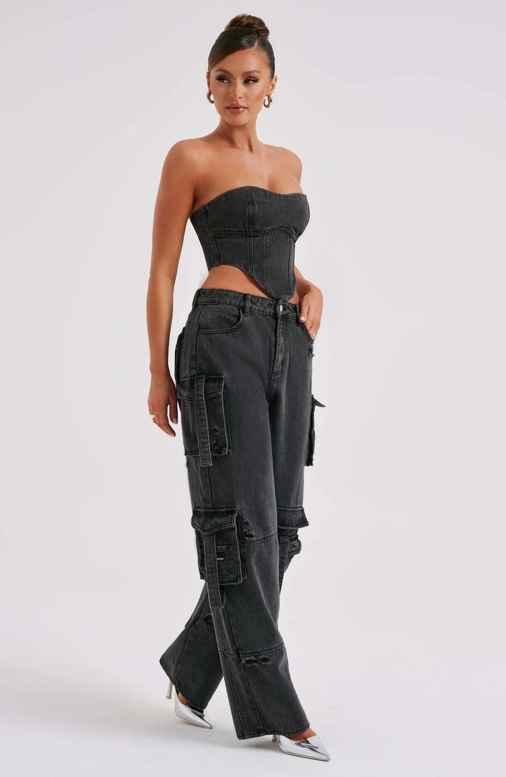 Ensemble Femme Corset & Jean Cargo Jambe Large – Denim Structuré Bleu Marine