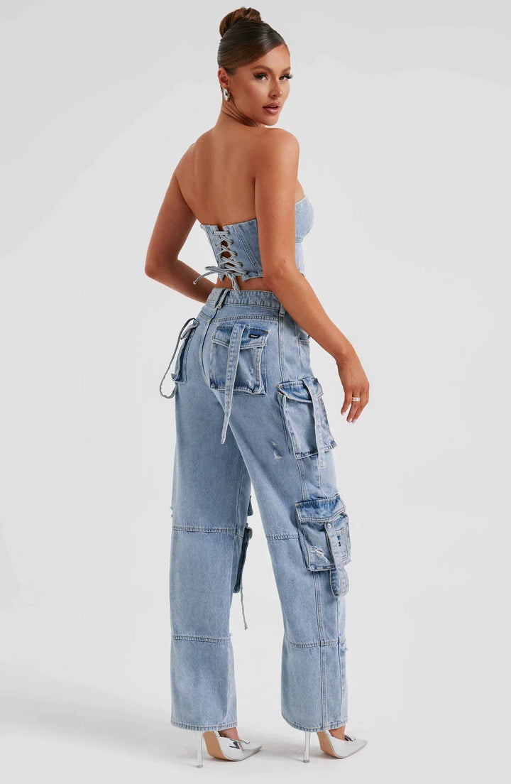 Ensemble Femme Corset & Jean Cargo Jambe Large – Denim Structuré Bleu Marine