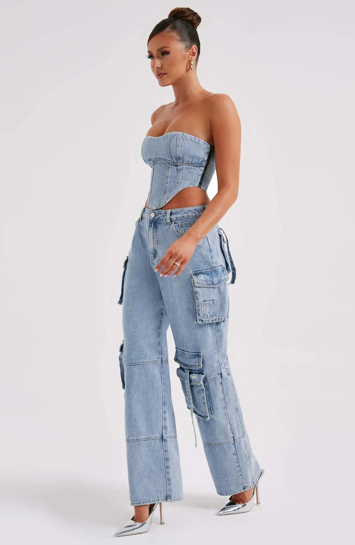 Ensemble Femme Corset & Jean Cargo Jambe Large – Denim Structuré Bleu Marine