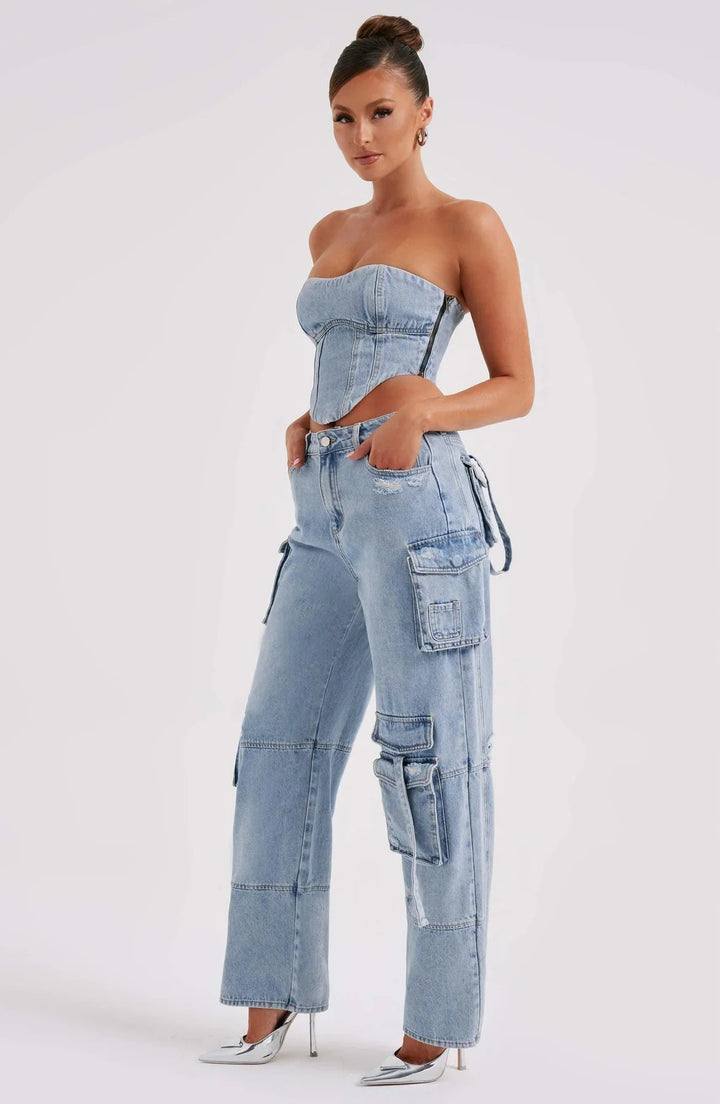 Ensemble Femme Corset & Jean Cargo Jambe Large – Denim Structuré Bleu Marine