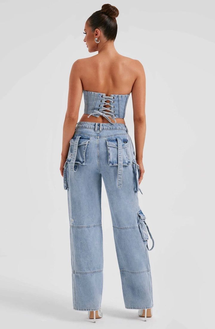Ensemble Femme Corset & Jean Cargo Jambe Large – Denim Structuré Bleu Marine