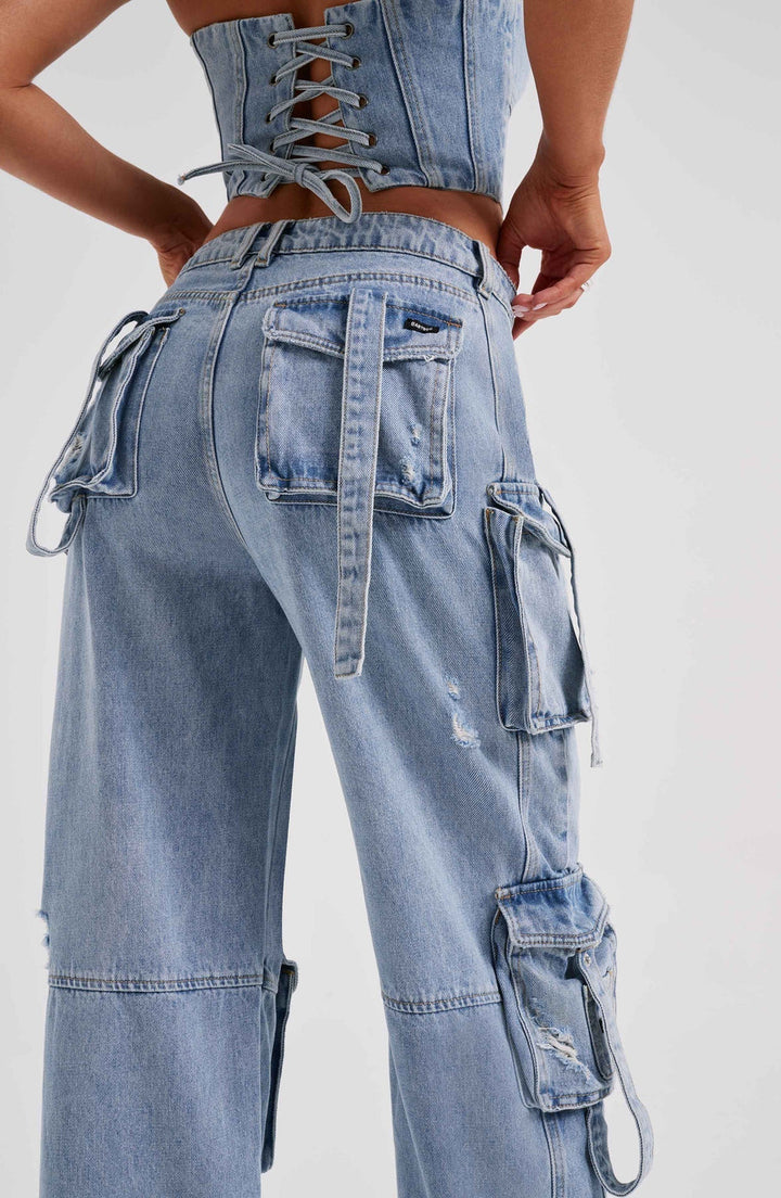 Ensemble Femme Corset & Jean Cargo Jambe Large – Denim Structuré Bleu Marine