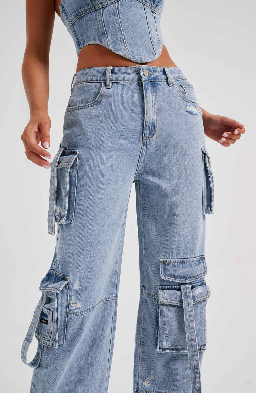 Ensemble Femme Corset & Jean Cargo Jambe Large – Denim Structuré Bleu Marine