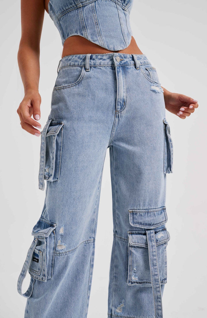 Ensemble Femme Corset & Jean Cargo Jambe Large – Denim Structuré Bleu Marine