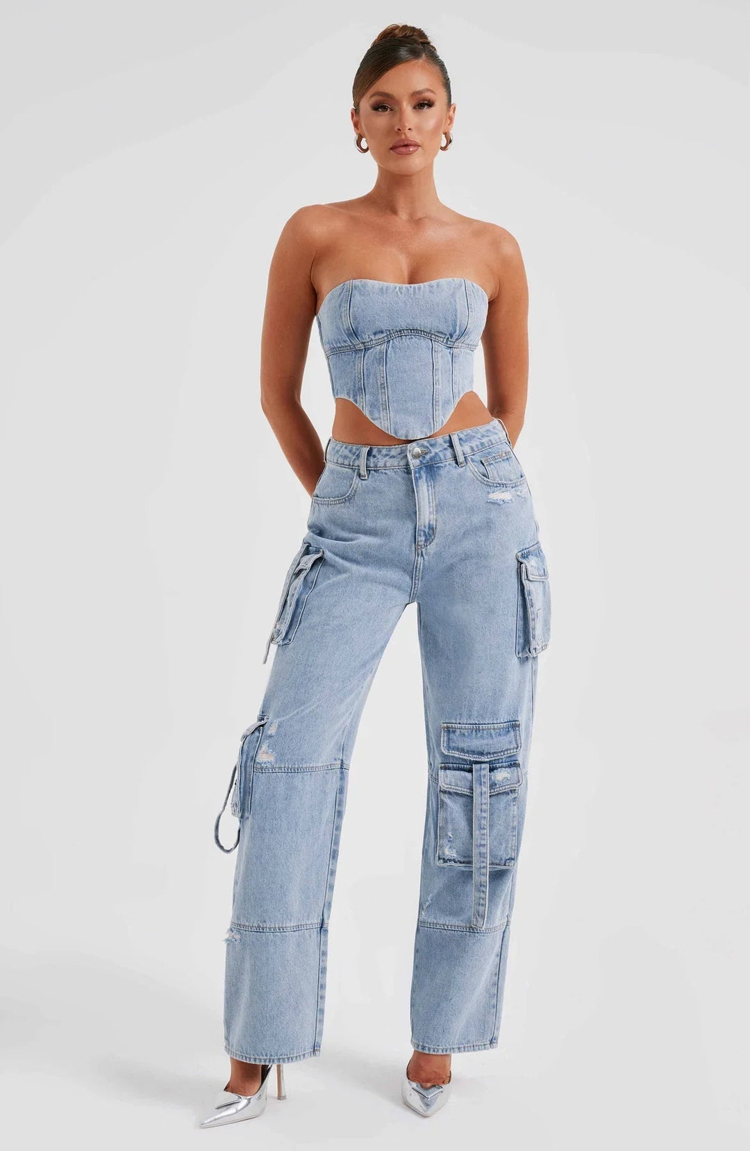 Ensemble Femme Corset & Jean Cargo Jambe Large – Denim Structuré Bleu Marine