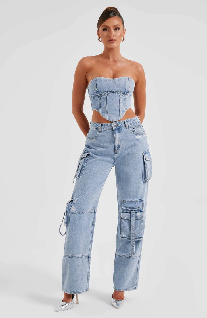 Ensemble Femme Corset & Jean Cargo Jambe Large – Denim Structuré Bleu Marine
