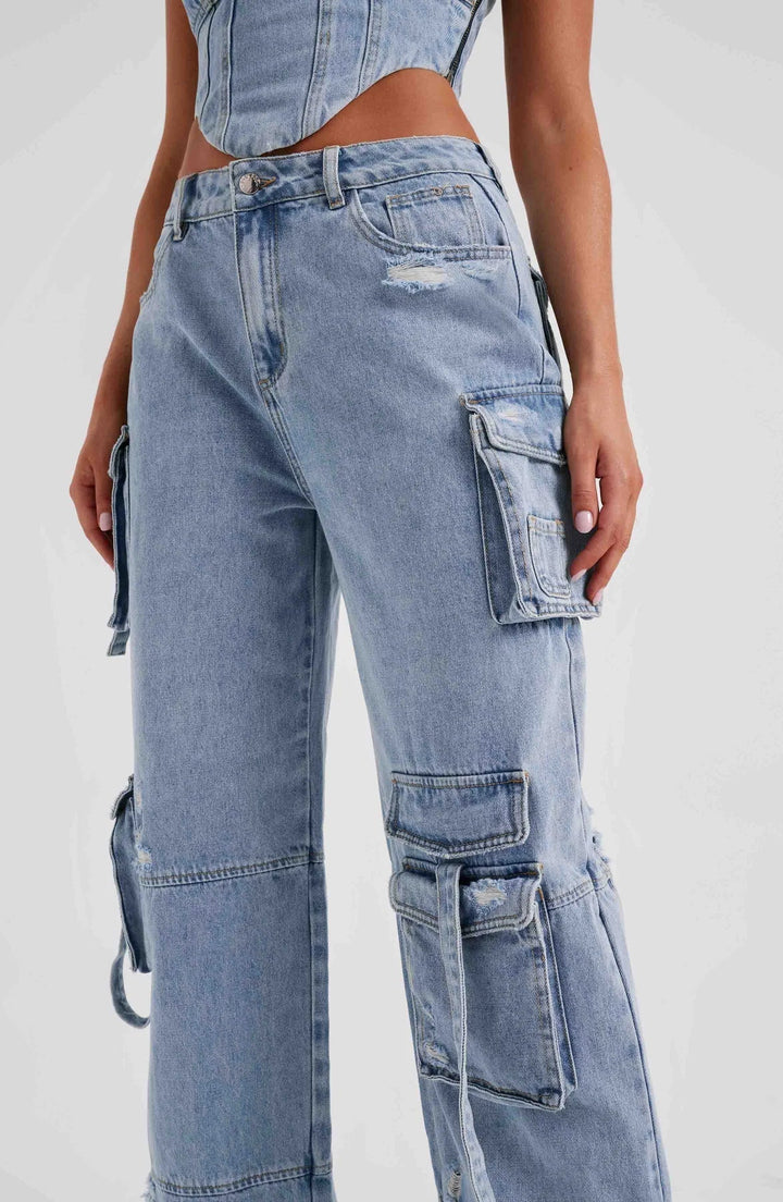 Ensemble Femme Corset & Jean Cargo Jambe Large – Denim Structuré Bleu Marine