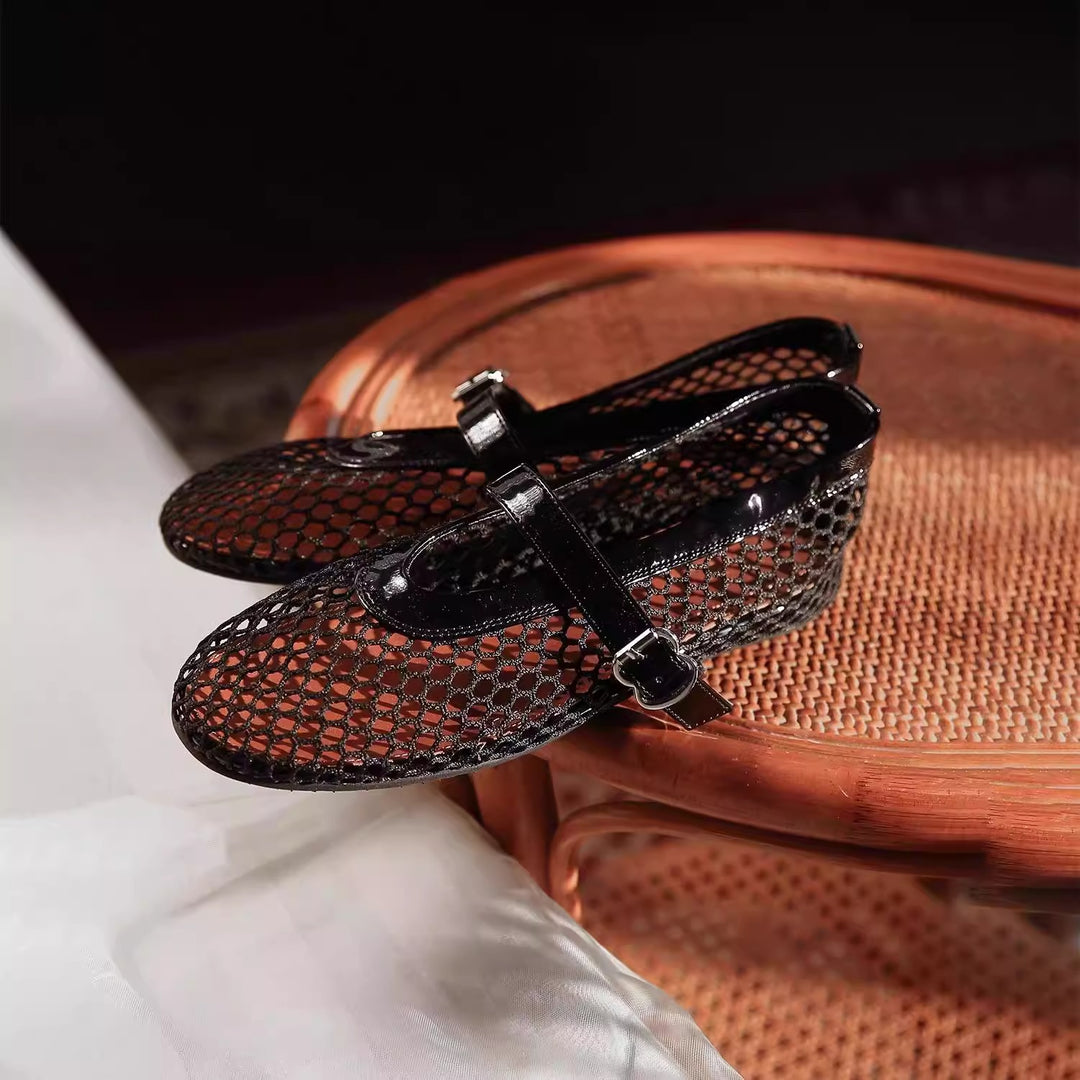 Women's Breathable Mesh Ballet Flats – Round Toe and Flat Buckle Strap