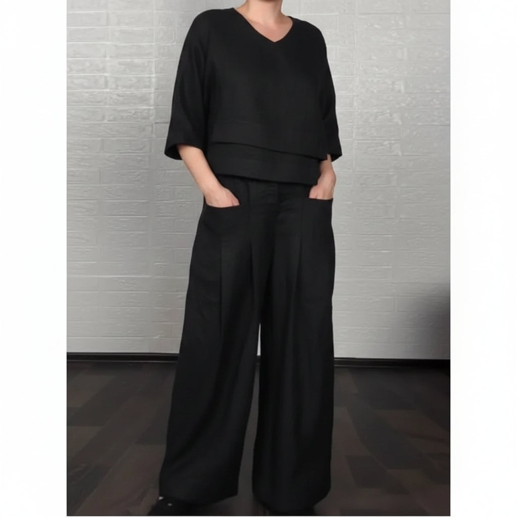 Damen-Zweiteiler – Rundhals-Top und gerade geschnittene Hose