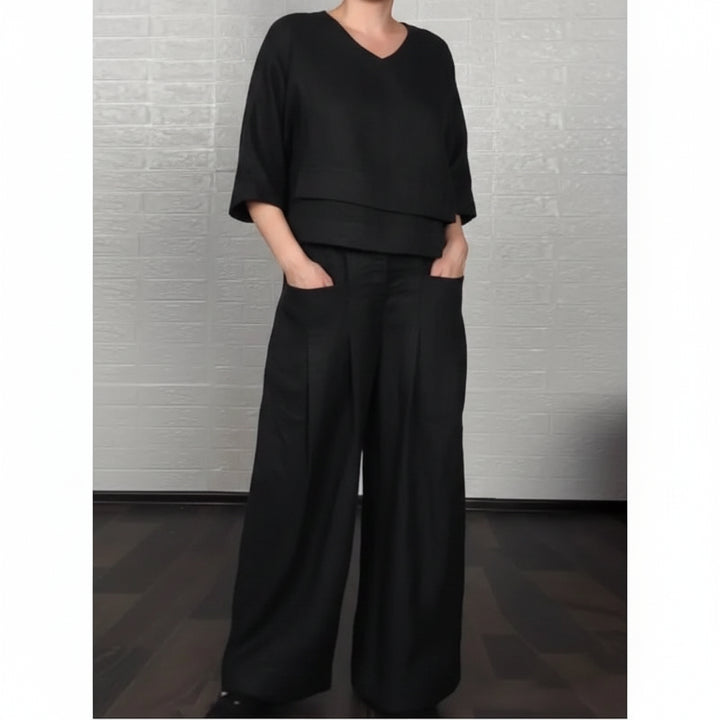 Damen-Zweiteiler – Rundhals-Top und gerade geschnittene Hose