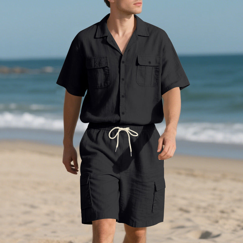 Completo Uomo Lino – Camicia con Colletto &amp; Pantaloncini Cargo Traspiranti