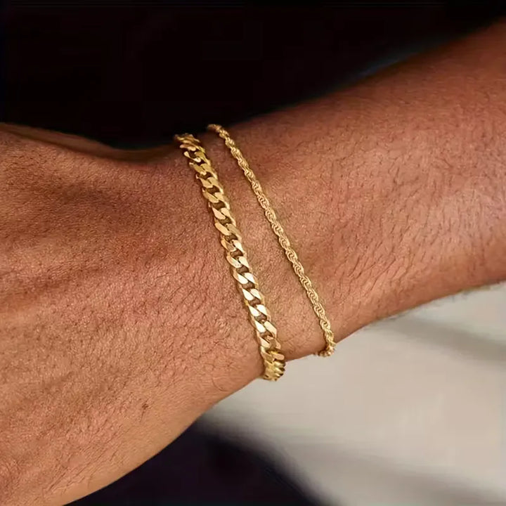 Bracciale Uomo Catena Cubana &amp; Corda – Set Sovrapposto in Metallo Lucido