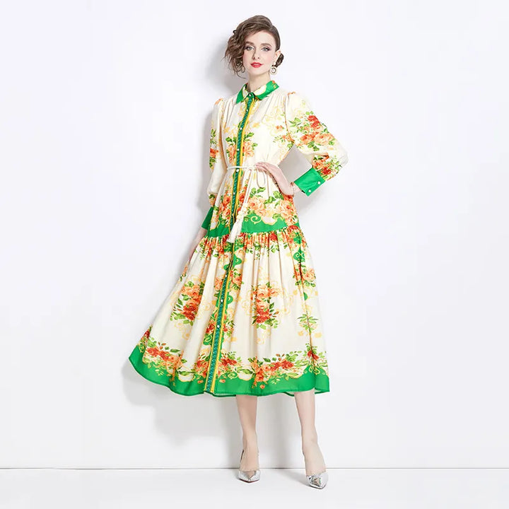 Maxikleid für Damen mit Trompetenärmeln im Retro-Stil – künstlerischer Print