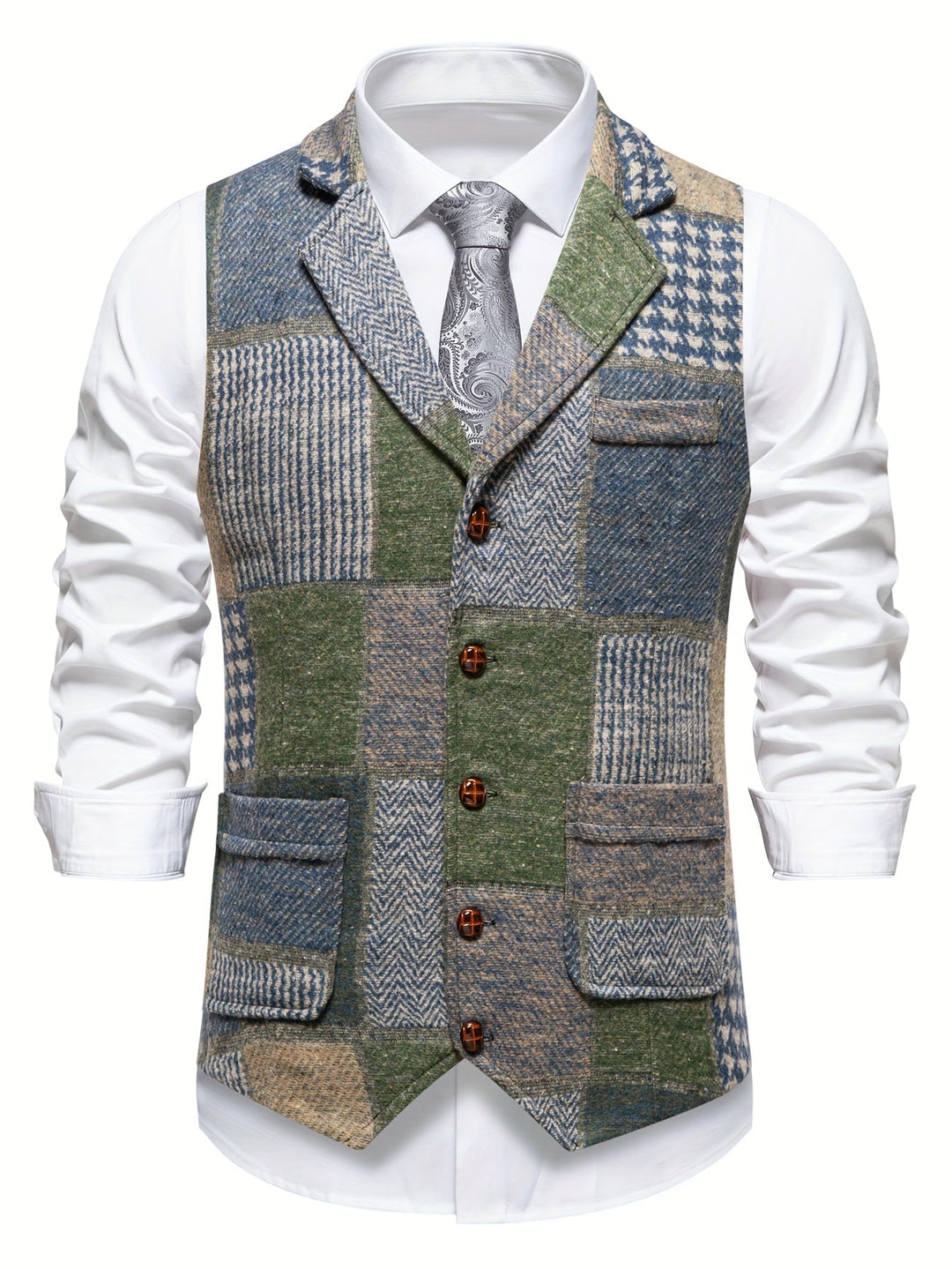 Herren Weste im Patchwork-Chevron-Stil aus Tweed – Kerbkragen und Knopfverschluss