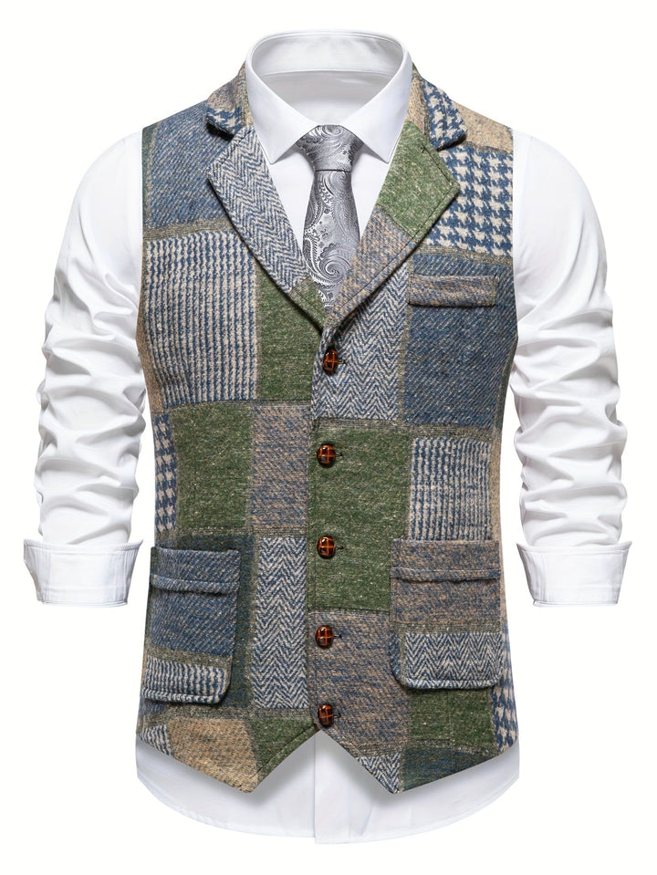 Herren Weste im Patchwork-Chevron-Stil aus Tweed – Kerbkragen und Knopfverschluss